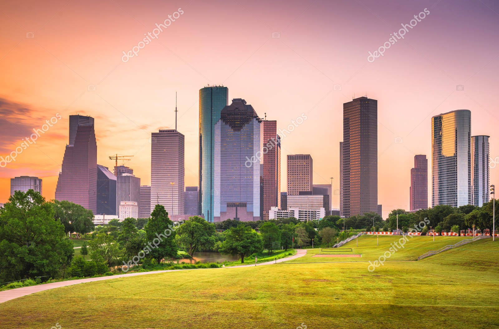 Houston, Texas, USA downtown city skyline and park at dawn